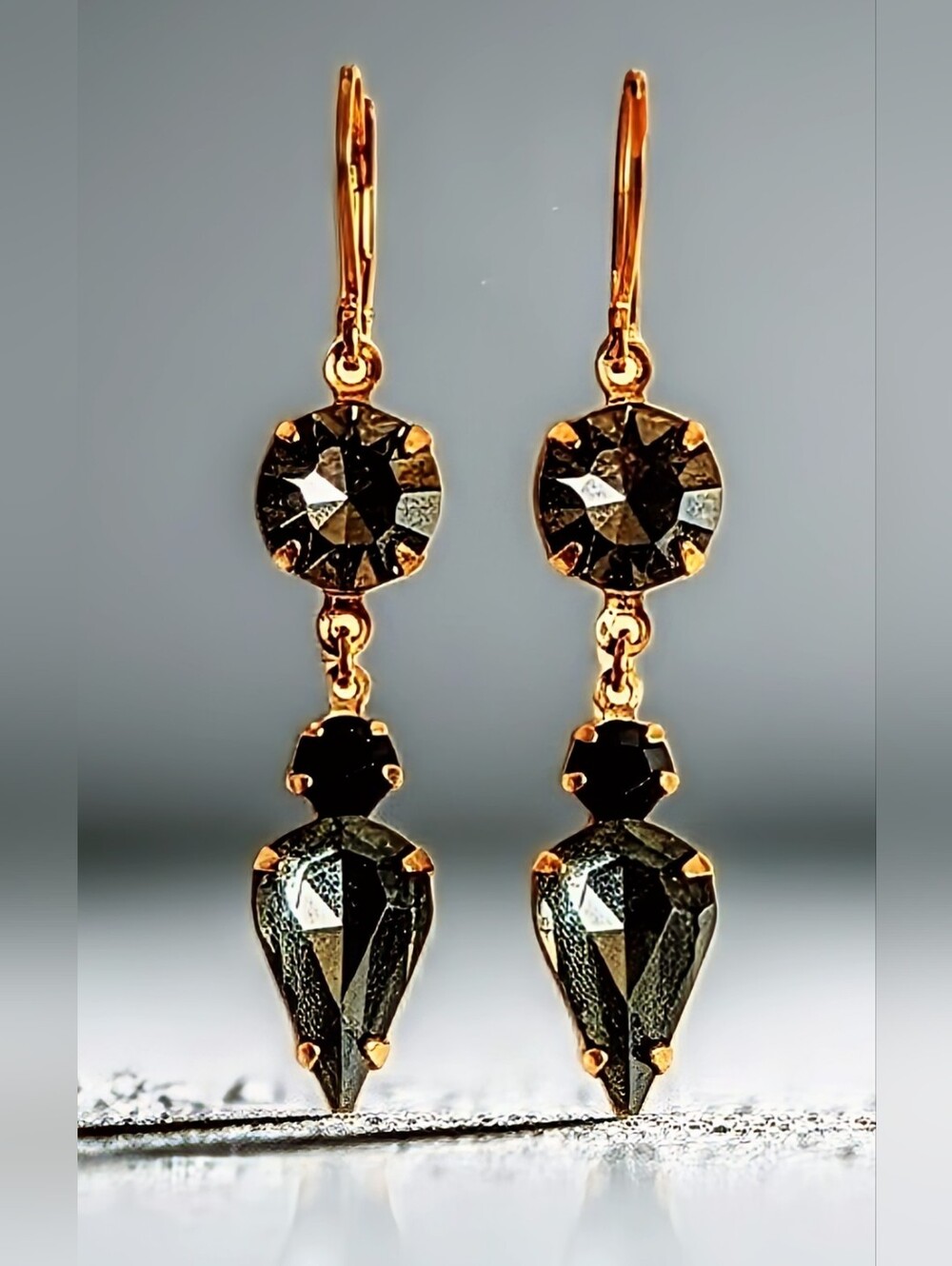 Black Diamond Mettalic Swarovski Crystals Drop Down Gold Plated Earrings